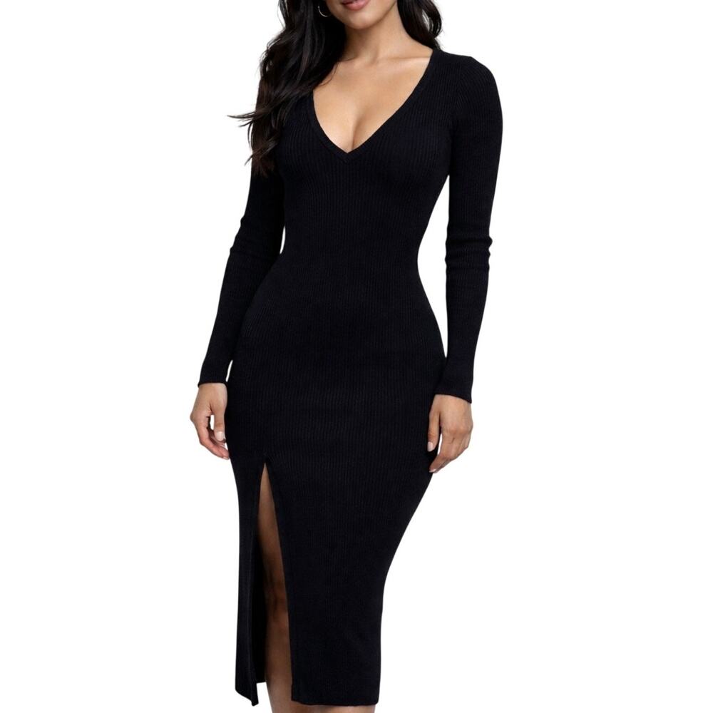 Windsor Black Ribbed Bodycon Midi Dress S NWT Clean Girl LBD